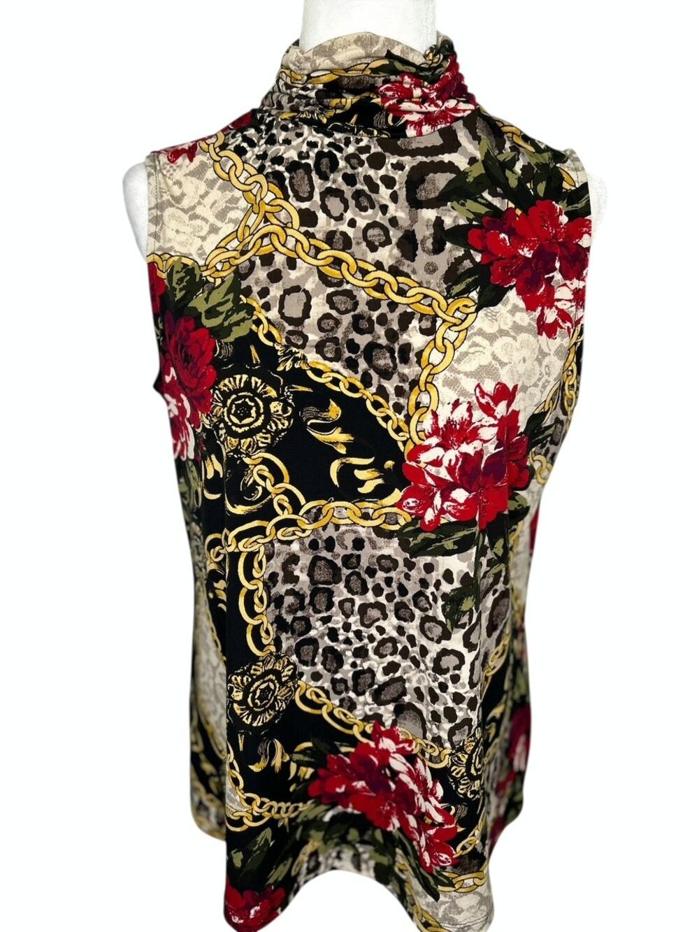 Susan Graver Mixed Print Chains Animal Floral Ruched Mock Neck Sleeveless Blouse